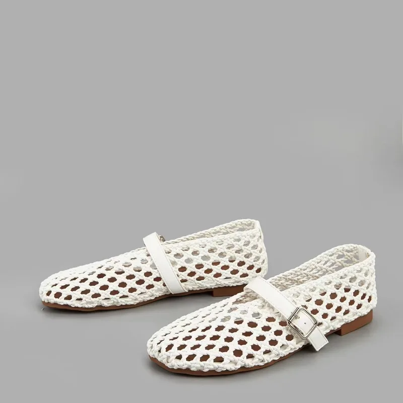 

2025 Luxury Women's Shoes, High-quality Tengcao Hand Woven Hollow Mesh Ballet Shoes, Flat Buckle Casual Shoes