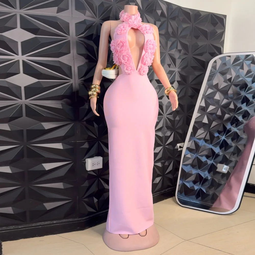 

Stunning Pink Halter Floral Long Formal Dresses Sexy High Stretchy Straight Women Party Dress Maxi Dress