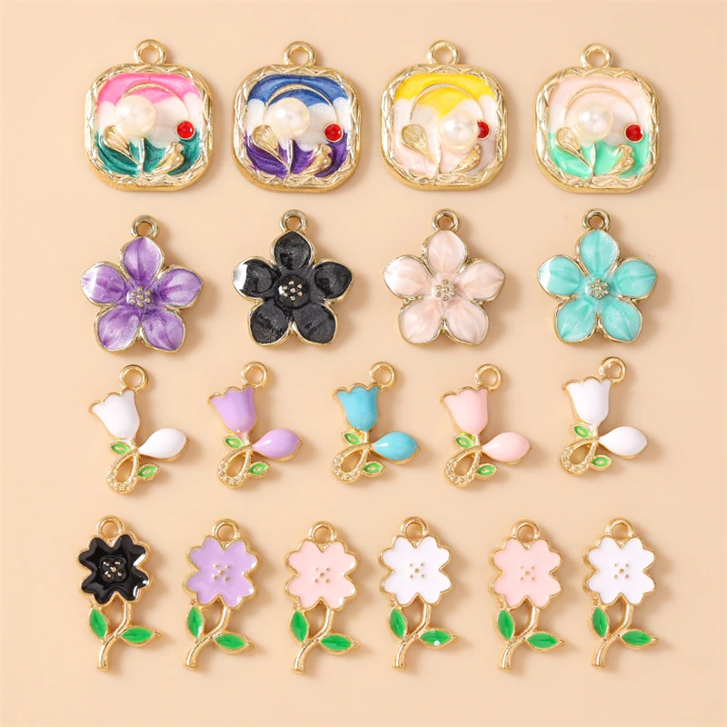 10 Stück niedliche, bunte Emaille-Blumen-Anhänger zum Basteln von Ohrringen, Halsketten, Armbändern, DIY-Handarbeiten und Schmuckzubehör – Detail 1
