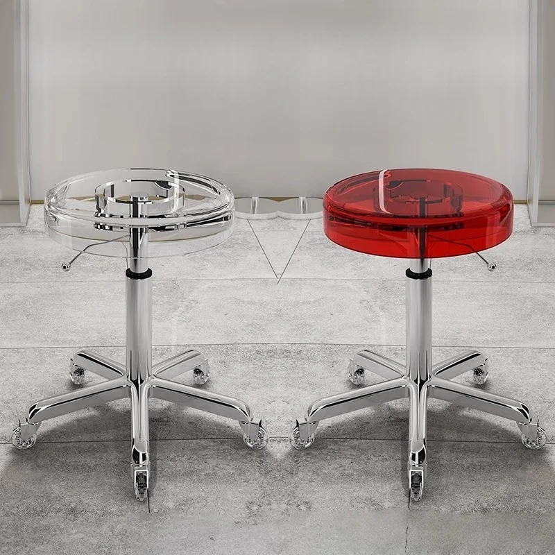 Stainless Steel Acrylic Rotating Stool for Bar Front Desk Hair Cutting Nail Beauty Mobile Lift Chair Five Claw With Wheels New