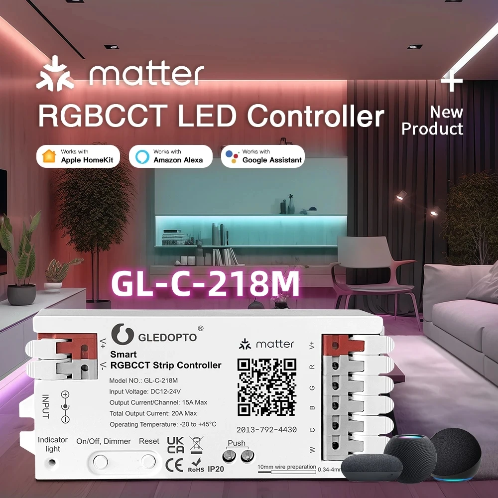 

GL-C-218M GLEDOPTO LED Controller Intelligent RGBCT Strip Controller PWM Dimming APP Voice Control Using Matter RGBCCT