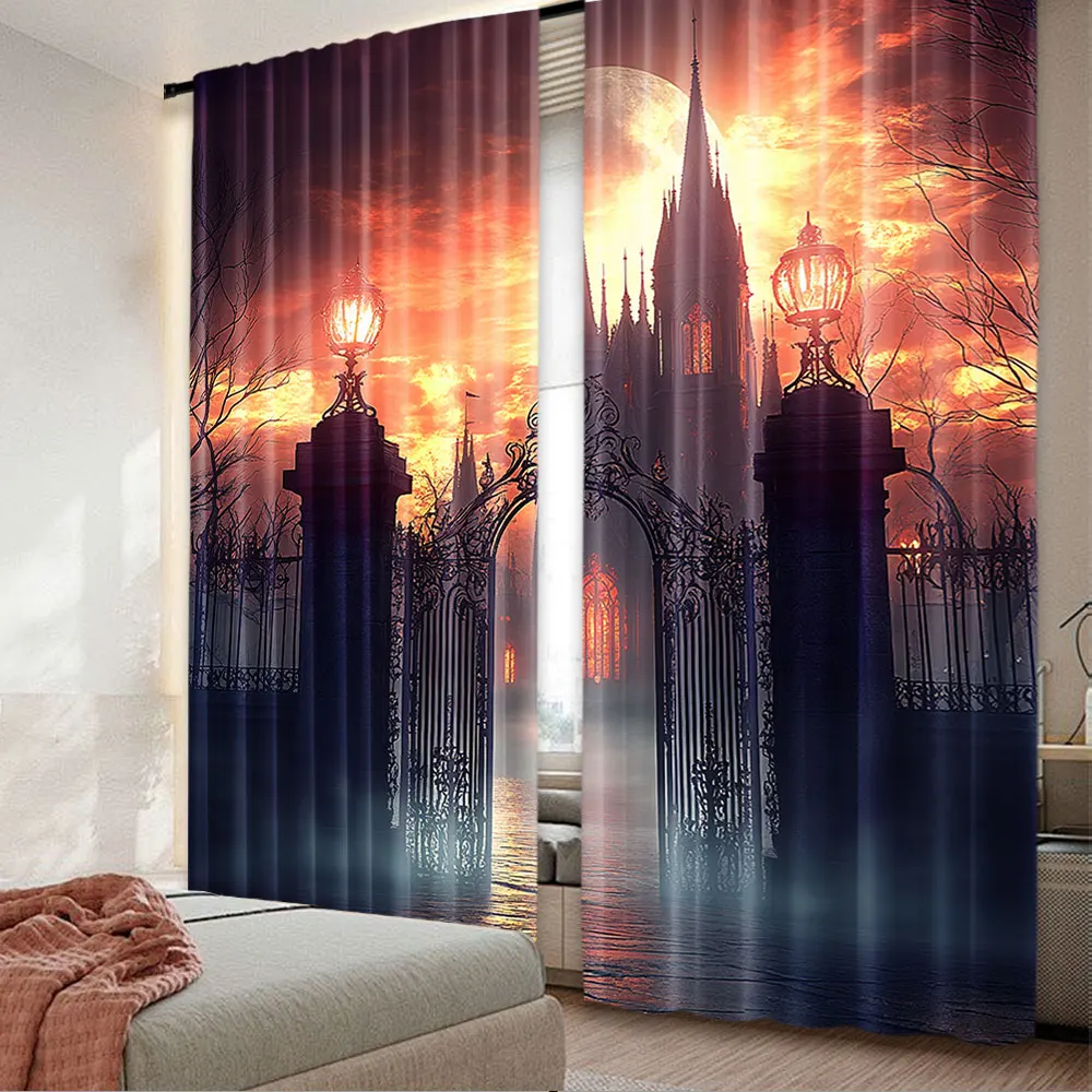 

2Pcs Curtain Scary Full Moon Night Spooky Gothic Horror Haunted Mansion Mysterious Magic Cool Suitable For Living Room Bedroom