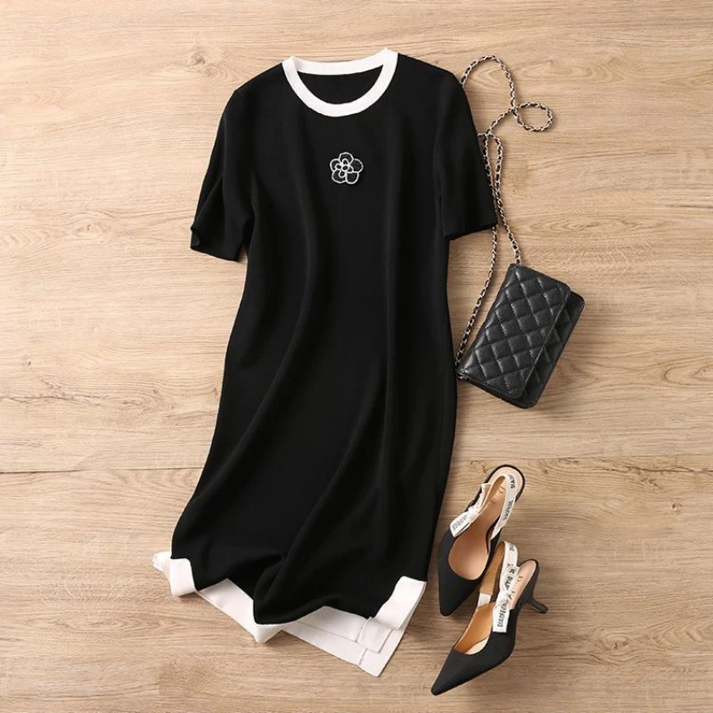 Summer Dresses Ladies 2023 Luxury Designer Rose Embroidery Split T shirt Long Ice Silk Straight Maternity Dress Women's Clothing