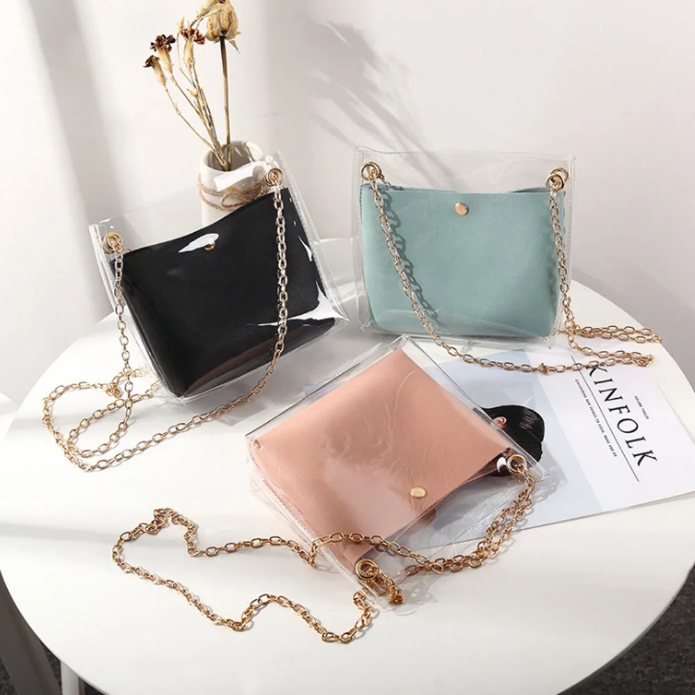 Bolso de cubo transparente para mujer, bolsa de hombro pequeña de gelatina de PVC transparente, bolso de mensajero cruzado con cadena Ptgirl, bolso de lujo de diseño 2019