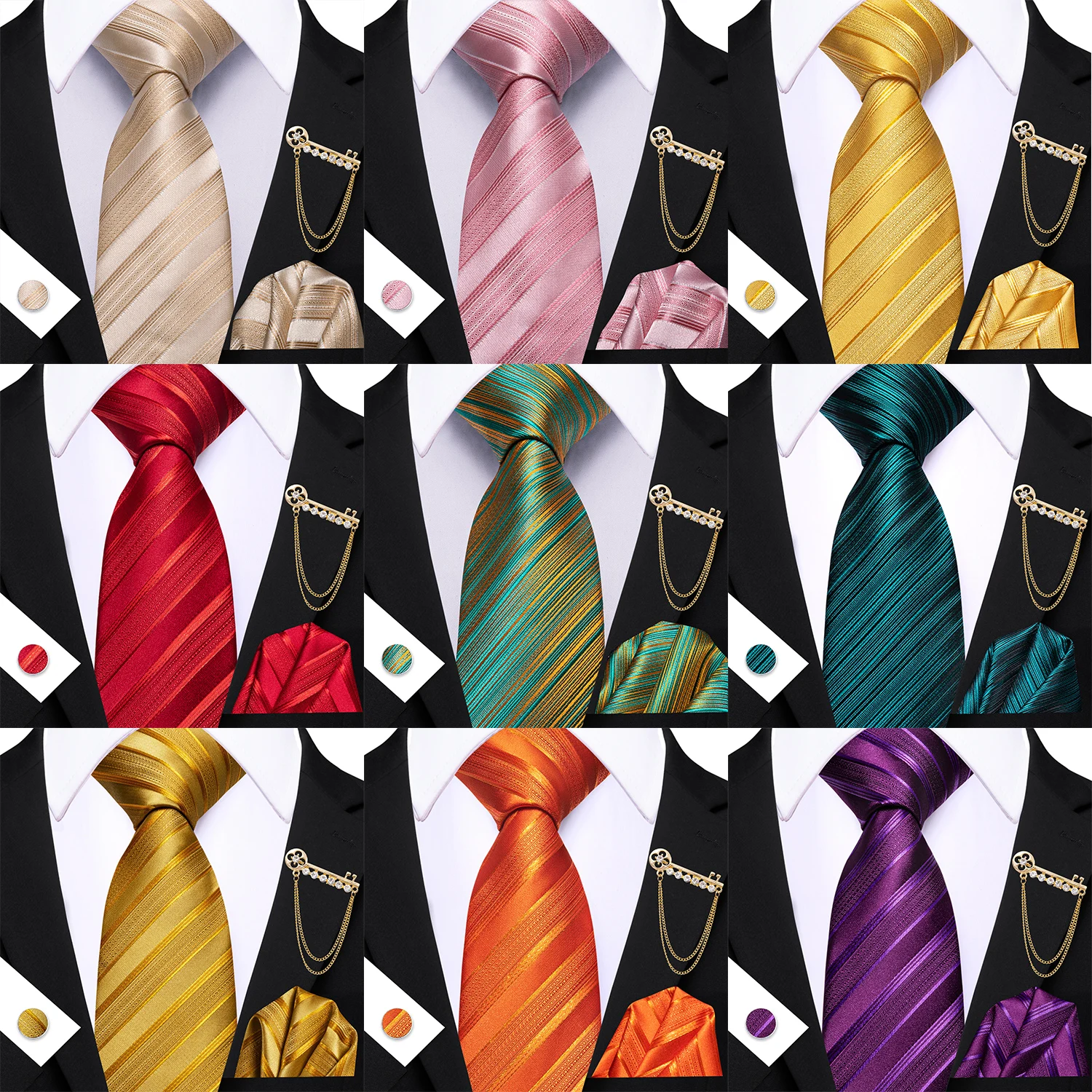 Barry.Wang rayé sarcelle jaune Orange violet cravate hommes cravates poche carré broche boutons de manchette ensemble cravate décontracté cadeau de mariage