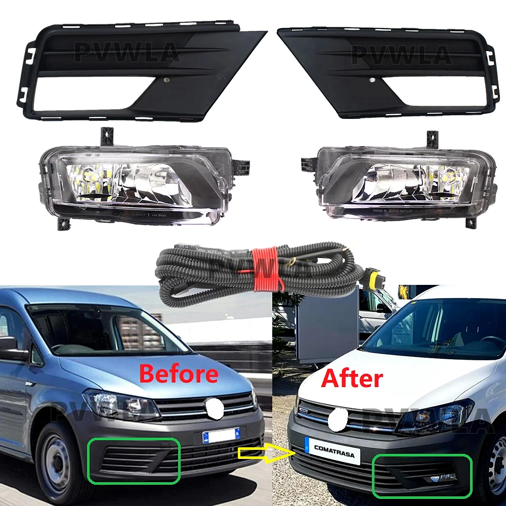 For VW Caddy 2K Facelift Maxi 2016 2017 2018 2019 2020 Front LED Fog Lamp Driving Lights +Grille Cover + Wire Harness