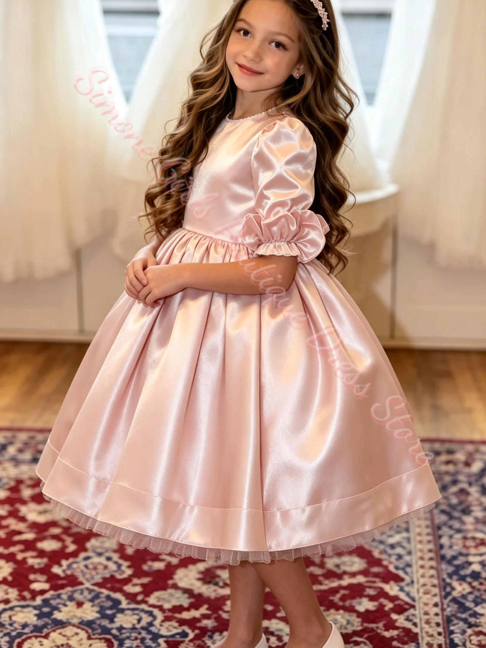 Großhandel Maßgeschneidertes Champagnerfarbenes Blumenmädchenkleid für Hochzeiten, Tüll, bauschig, 3/4-Ärmel, hohe Taille, Kindergeburtstag, Erstkommunion – Detail 1