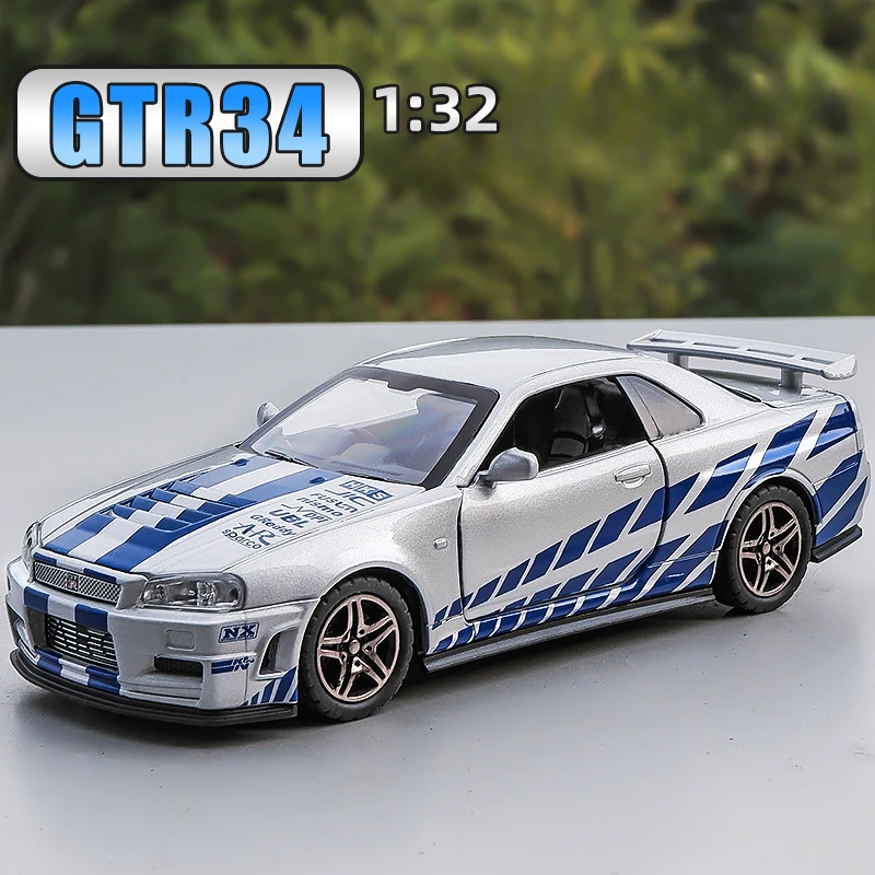 1:32 Nissan GTR R34 Alloy Sports Car Model Diecasts Metal Race Car Model Simulation Sound Light Kids Toy Gift A903