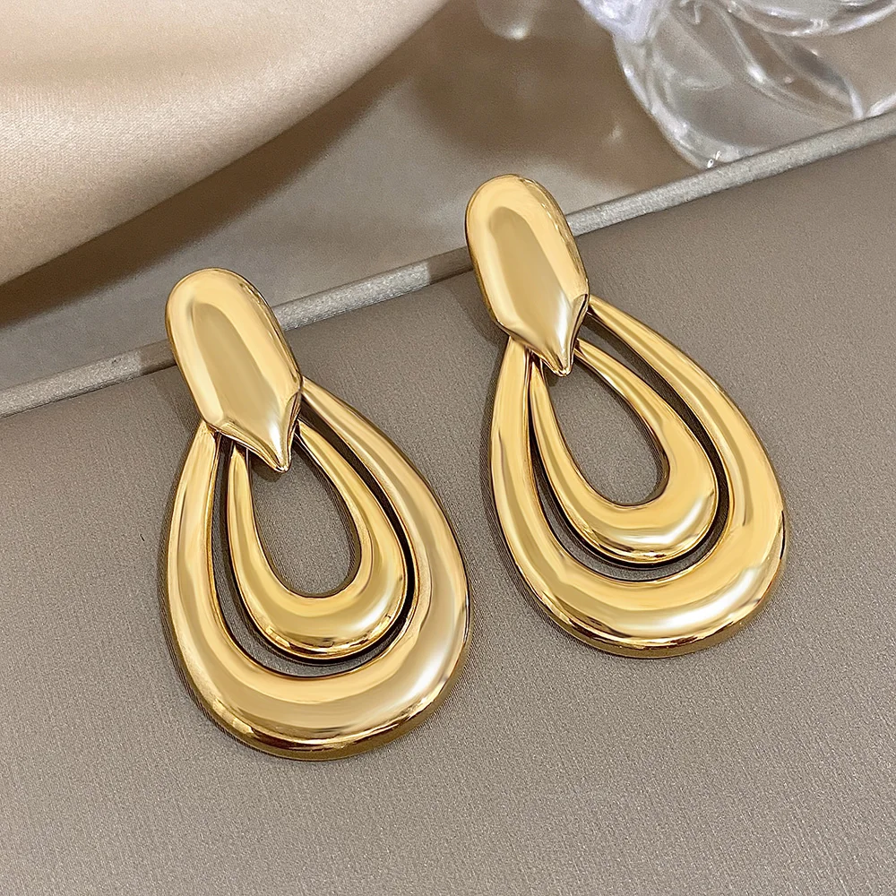 Exaggerated Gold Plated Stainless Steel Drop Earrings for Women Geometric Doubelayer Circle Love Waterdrop Earring Charm Jewelry