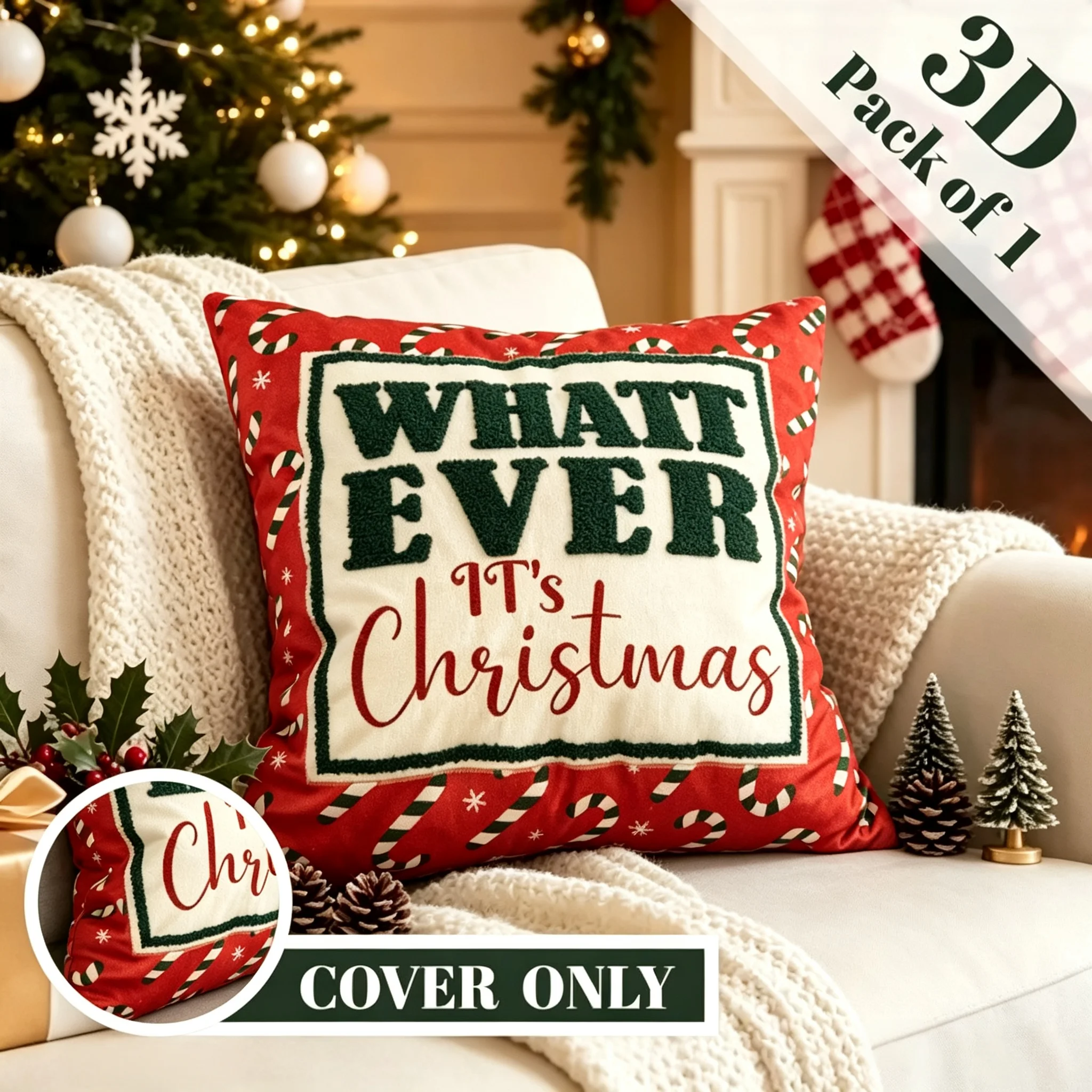 Whatever it's christmas embroidered cushion cover Square Xmas Decorative Farmhouse Outdoor Sofa Case