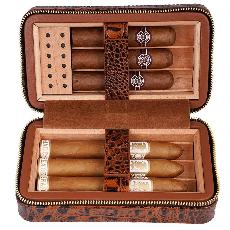 Portable Brown Crocodile-Patterned Two-Layer Leather Cigar Case, A Moisture-Proof Cigar Holder.