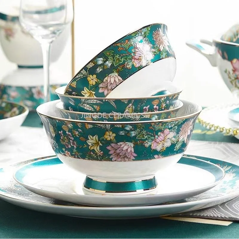 1pc Green Flower and Bird Bone Porcelain Tableware Rice Bowl Soup Spoon Dessert Plate Fish Dish Pasta Dish Kitchen Tableware