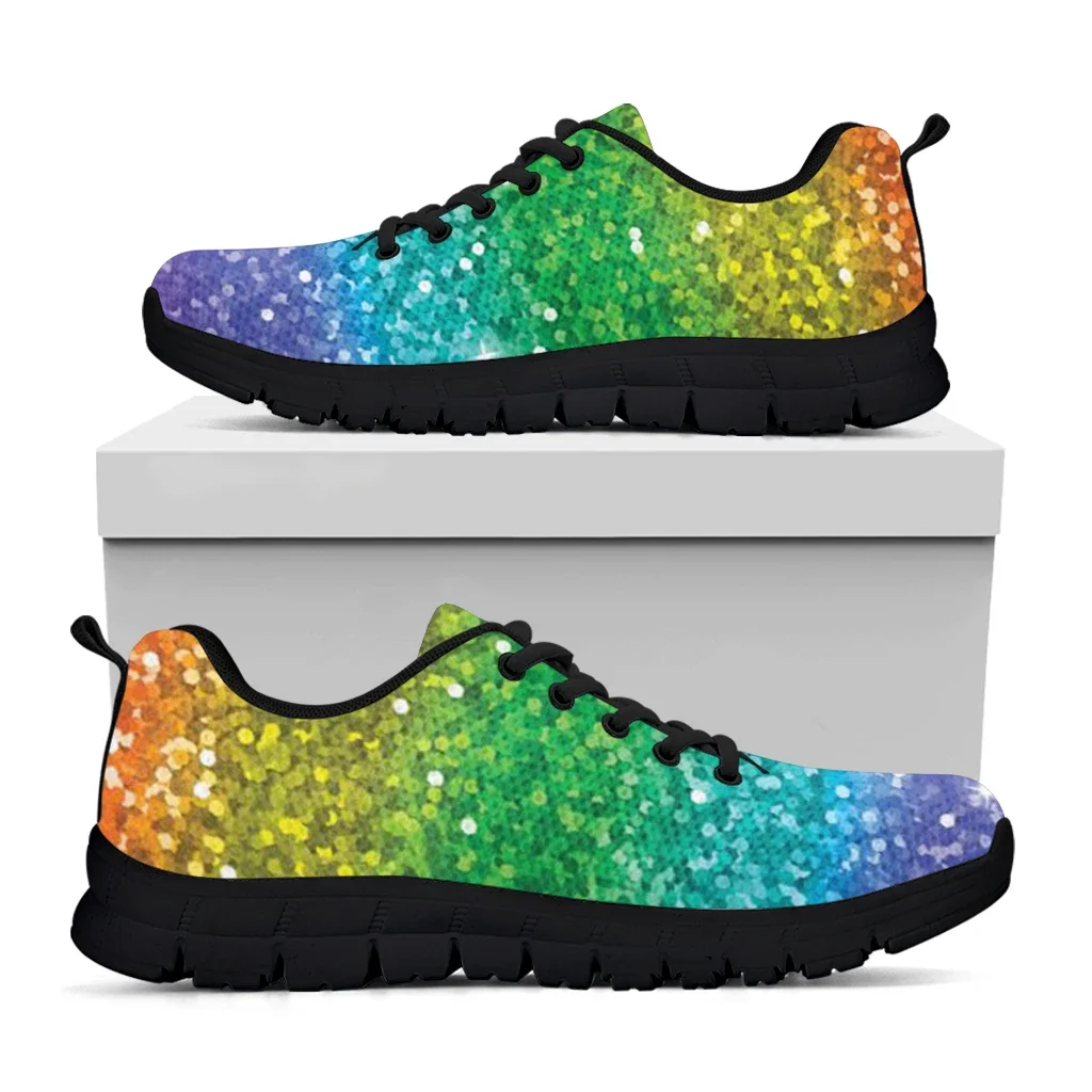 Cool Rainbow Glitter Texture Printed Girls Flat Shoes Breathable Slip-on Mesh Sneakers Outdoor Lace up Scarpe Donna