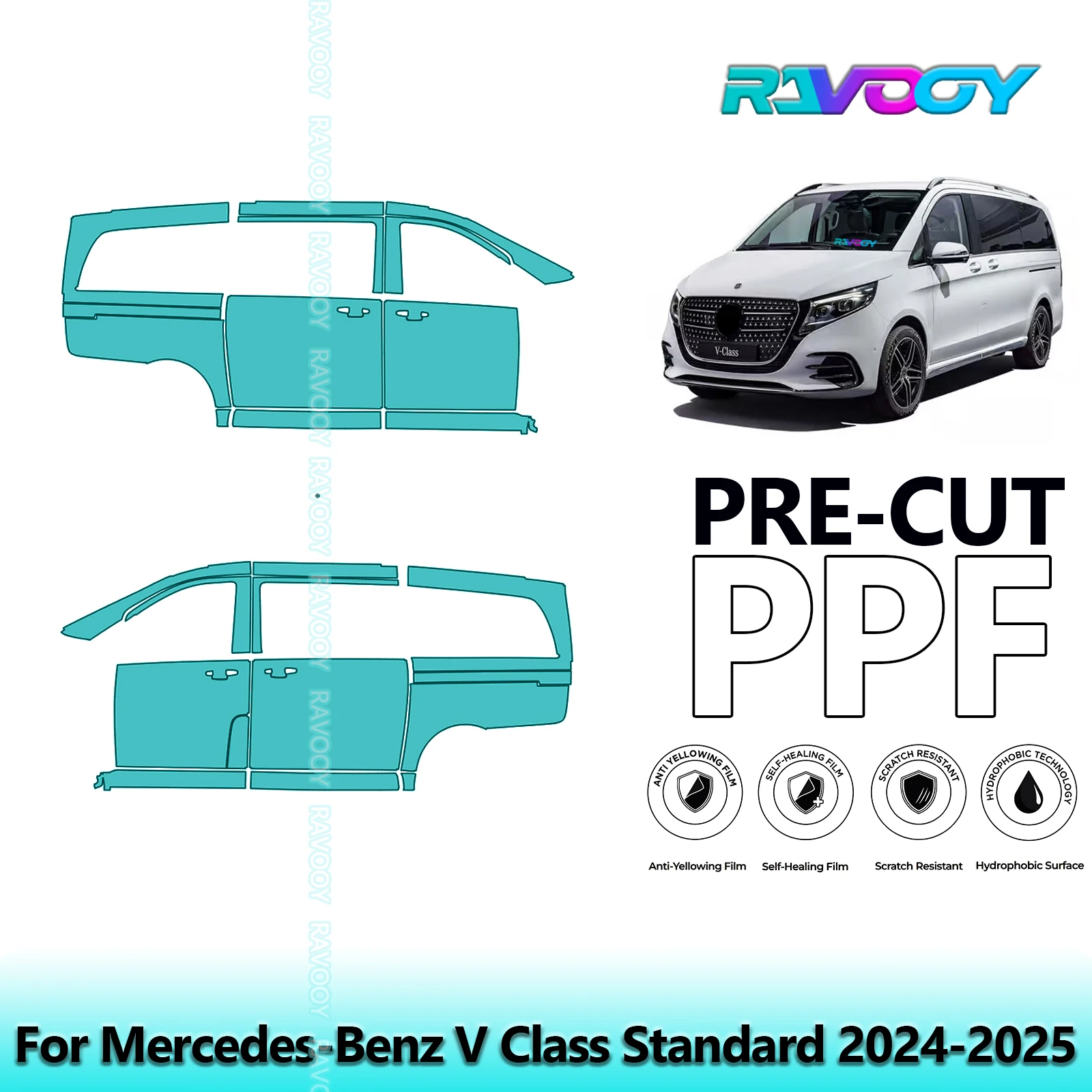 

For Mercedes-Benz V Class Standard 2024-2025 8.5mil Clear Matte Pre-Cut PPF Door & A/B Pillar Kit TPU Paint Protection Film Set