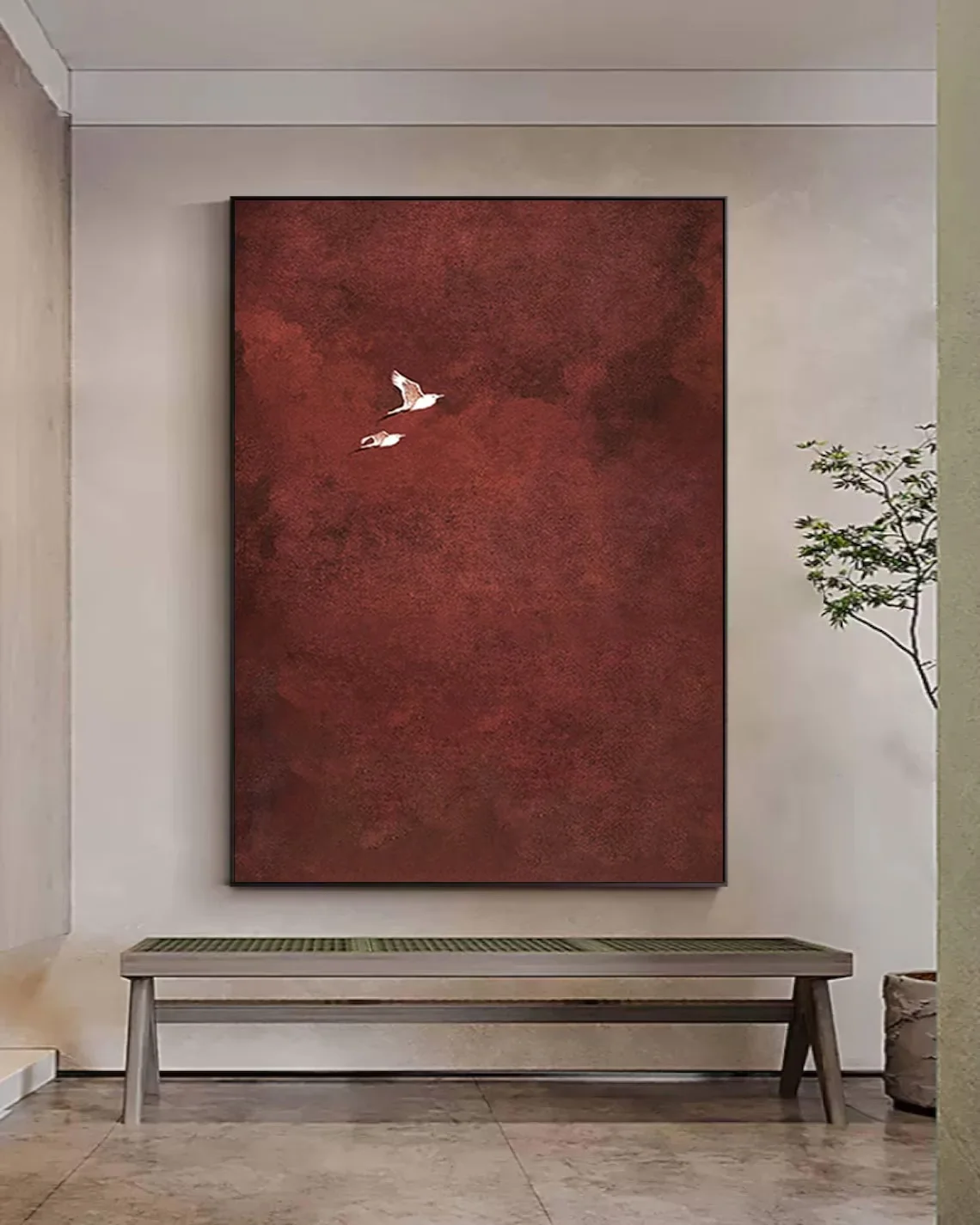 "Crimson Sky Birds Abstract Wall Print Decor - Minimalist Textured Painting of Two Birds in Flight Against a Deep Red Background view 4