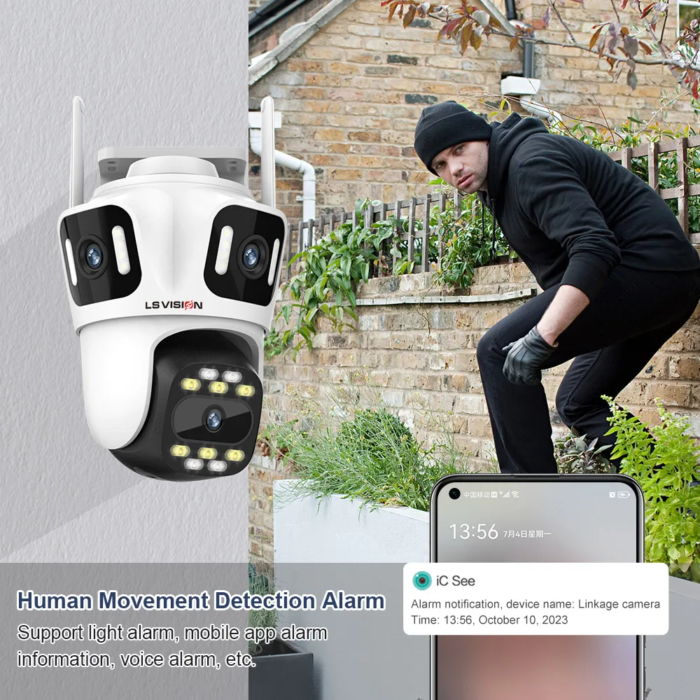 LS VISION-cámara de vigilancia 6k con Wifi para exteriores, 3 lentes, tres pantallas de seguridad, PTZ, HD, Ai, seguimiento automático de personas,