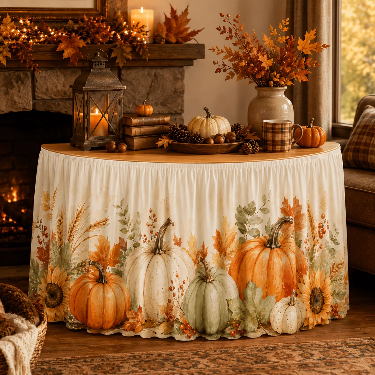 1 tablecloth, watercolor white orange green pumpkin sunflower tablecloth, autumn maple wheat cranberry eucalyptus tablecloth