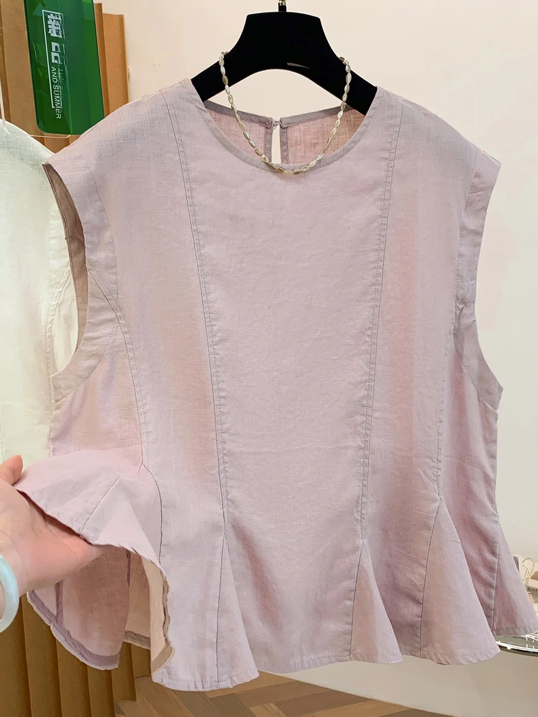 

Cotton Linen Sleeveless Shirt Vest Women's plus Size Beautiful Skirt Hem Small Top Summer Artistic Style round Neck Thin Fabric