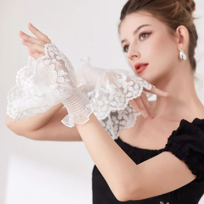 White Floral Lace Fingerless Gloves Bridal Wedding Flare Cuffs Mesh Fake Sleeves Sweater Shirt Dress Extension Hand Accessories
