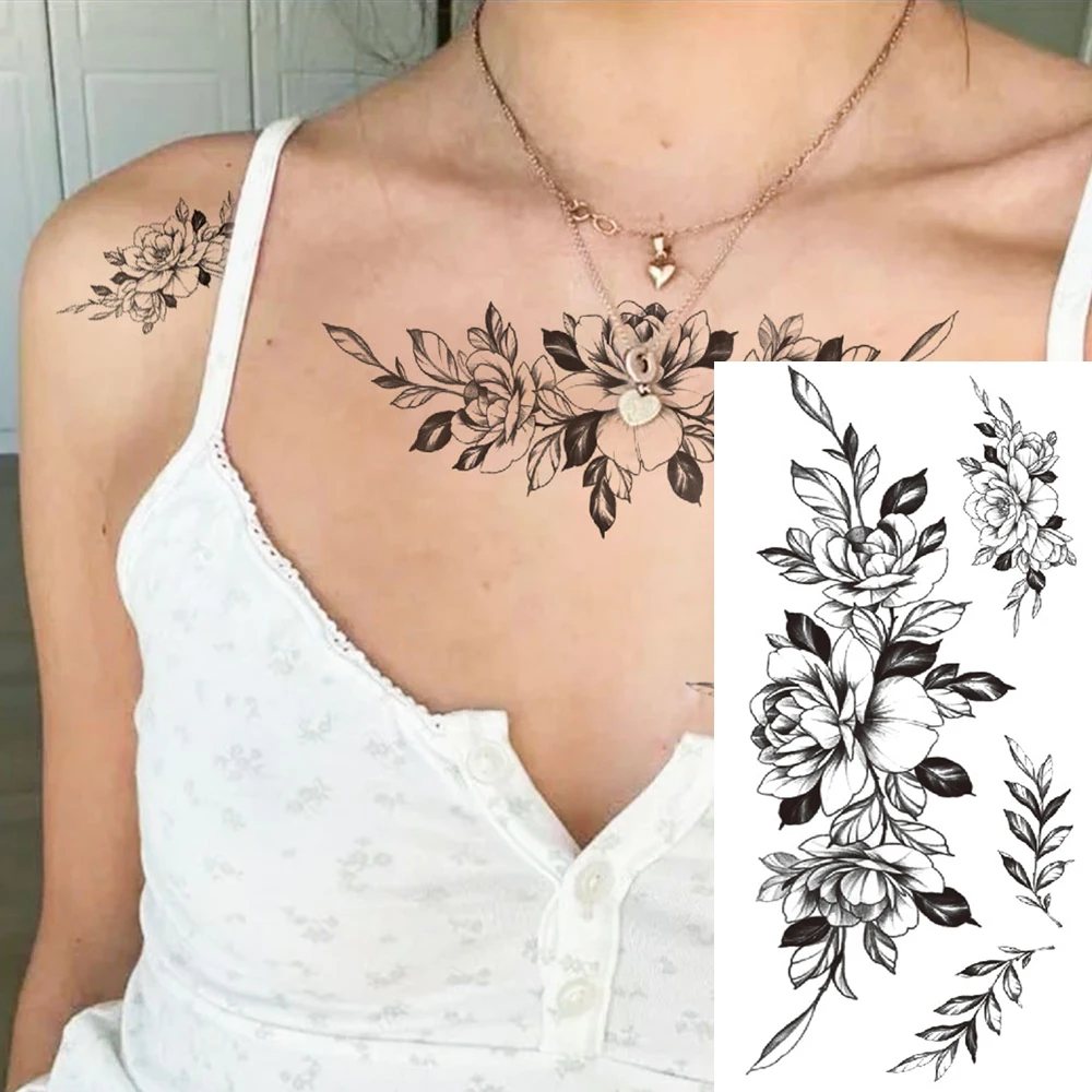 Waist Totem Waterproof Temporary Tattoo Sticker Black Line Flowers Rose Lily Peony Body Art Arm Fake Tattoos Sleeve Women Men image 3