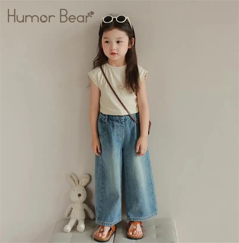 Humor Bear Girl Clothes Kids Clothing Summer Baggy Multi-pocket Elastic-waisted Jeans Wide-leg Pants Girls Pants