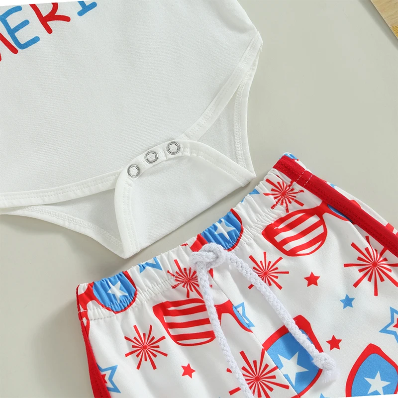 4th of July Infant Boy Outfit American Flag Print Romper and Star Striped Shorts Set with Sunglasses for Independence Day