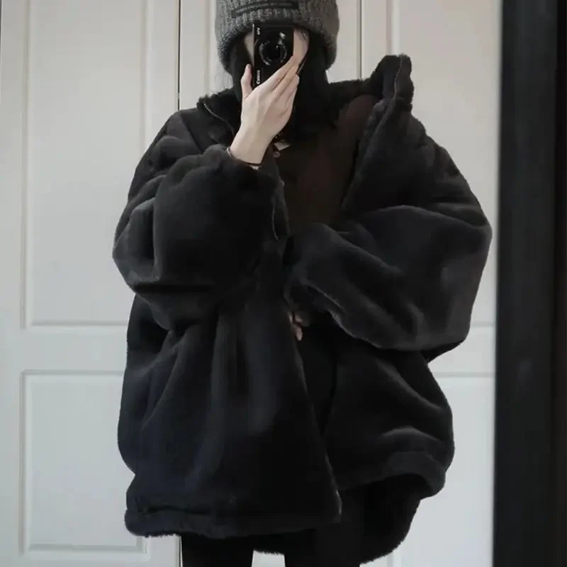 Black Fleece Jacket female Korean Style Winter Clothes Women Warm Zip Up Fluffy Jacket Oversize Faux Fur Coats Female Outerwears