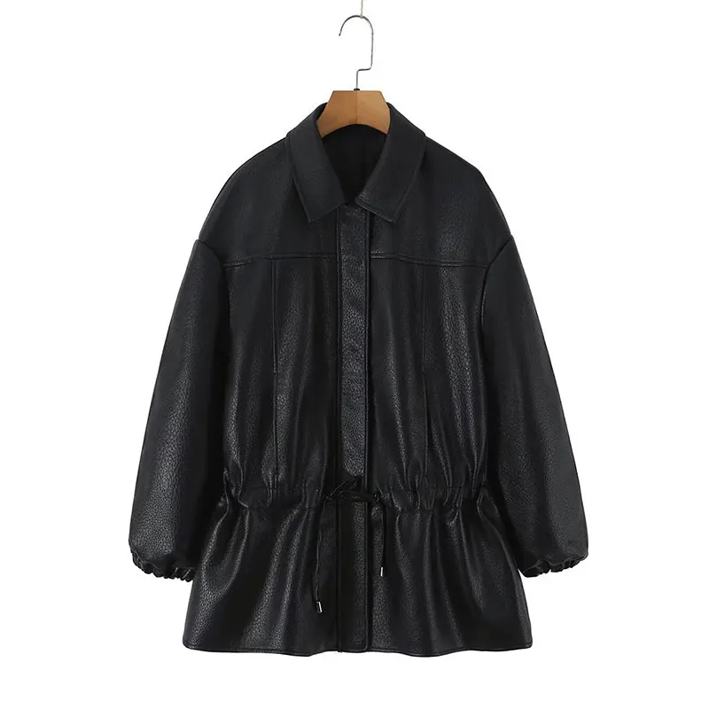 Nlzgmsj 2026 Autumn Women Faux Leather Jacket Lapel Drawstring Waist Loose Long Sleeve PU Coat Casual Mid Length Outerwear