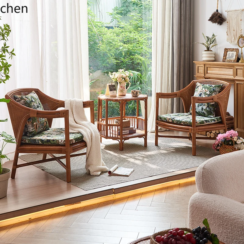 

HXL casual Rattan Chair Three-piece Set Real Rattan Backrest Sofa Chair Balcony Reclining Chair
