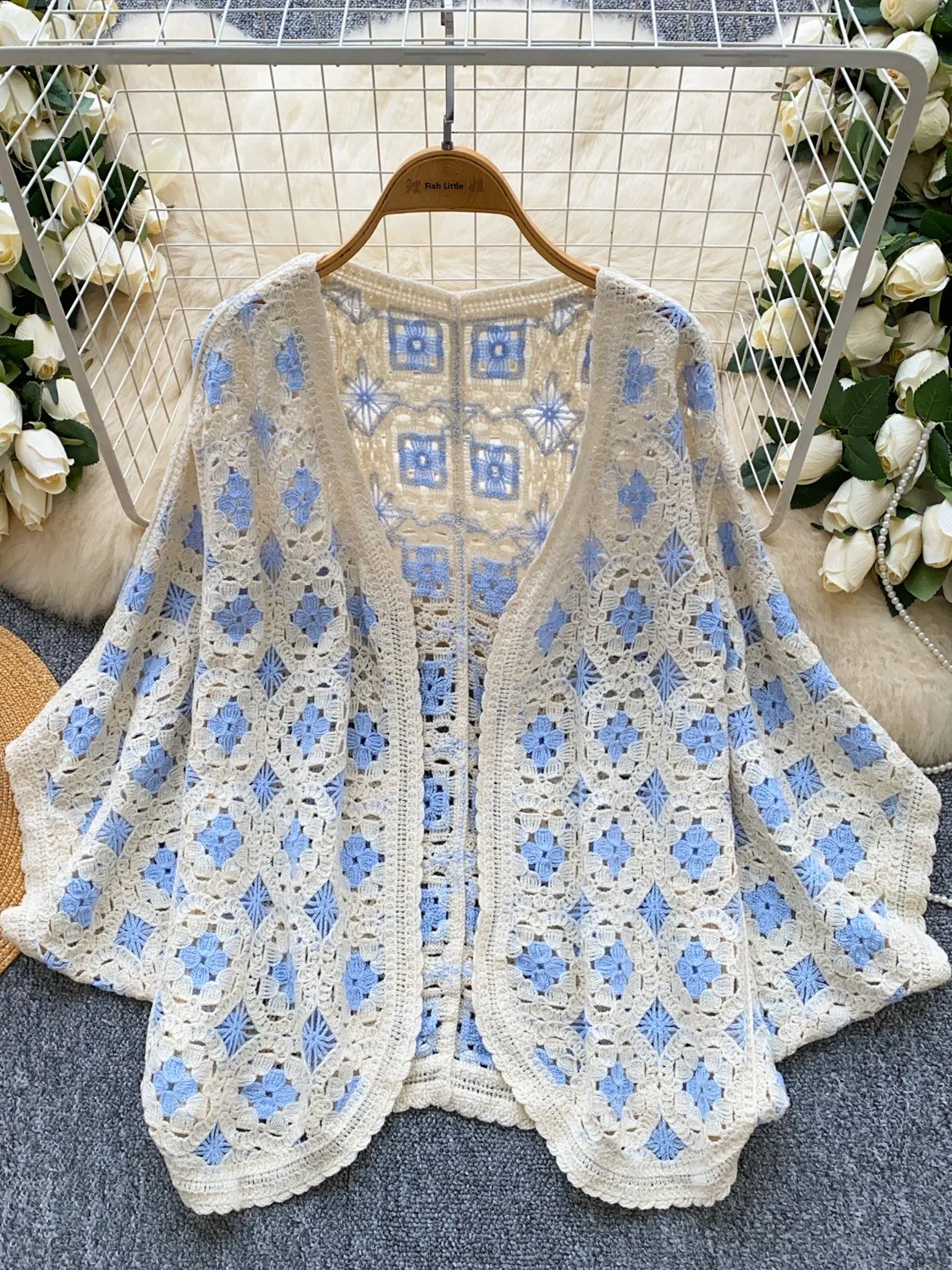 

Beach Vaion Sle Knitted Open Cardigan Women's Summer Batwing Sve Loose Slimming Hollow out Hook Design Sun Protection...