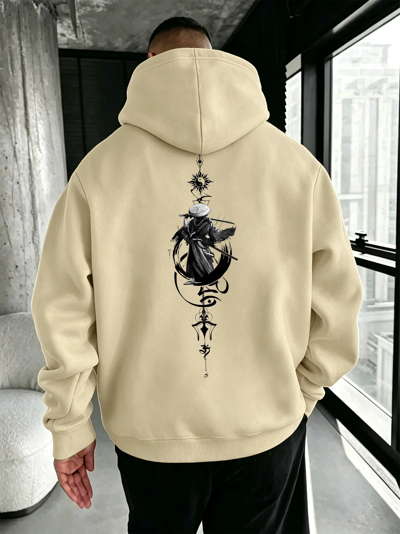 Men Chinese Swordsman Hoodie Ink Wash Martial Artist Vintage Graphic Print Loose Fit Streetwear Pullover Sweatshirt Autumn