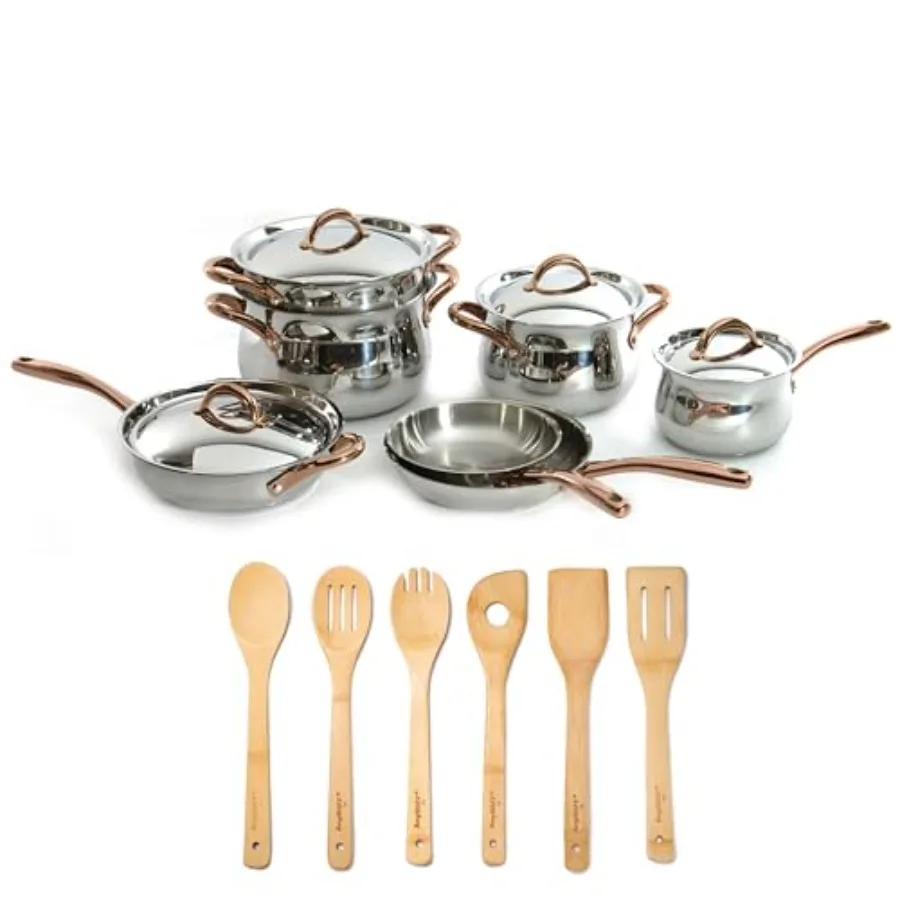 

Kitchen cookware set: 18/10 stainless steel, rose gold handles, PFOA-free, induction-compatible, includes lids and bamboo utens