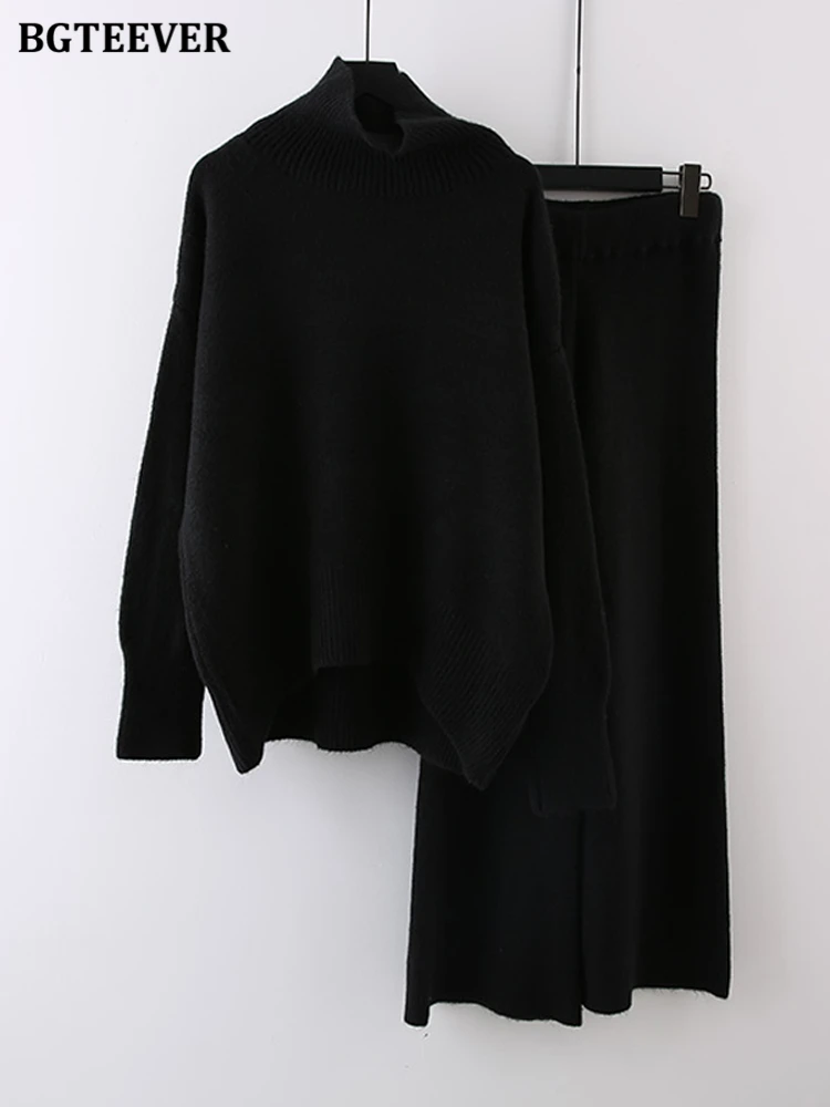 BGTEEVER Autumn Winter Warm Turtleneck Women Knitted Trousers Suits Long Sleeve Sweaters & Elastic Waist Wide Leg Pants