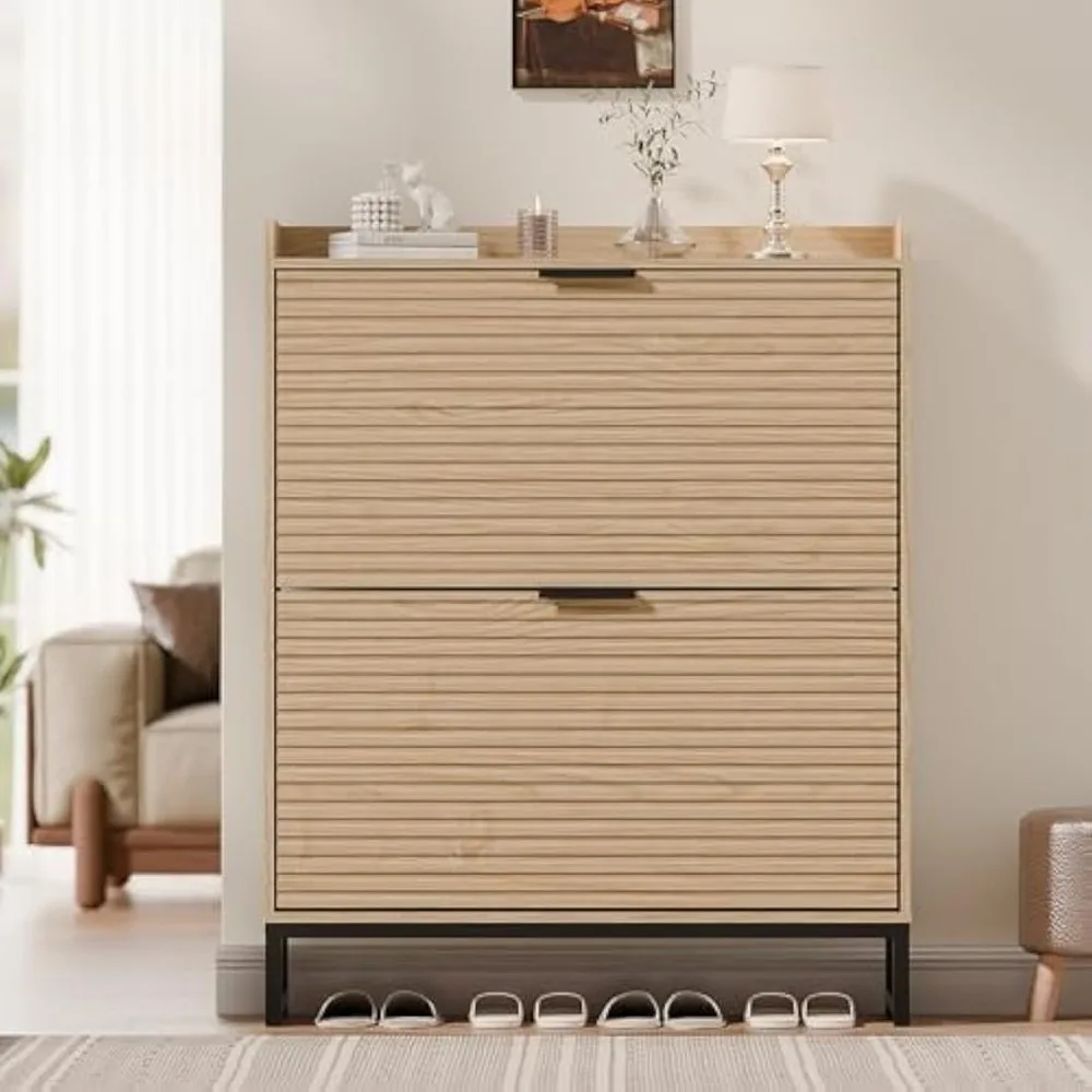 

Shoe Storage Cabinet with 2 Flip Drawers, Freestanding Shoe Cabinet, Shoe Organizer with Metal Legs for Entryway