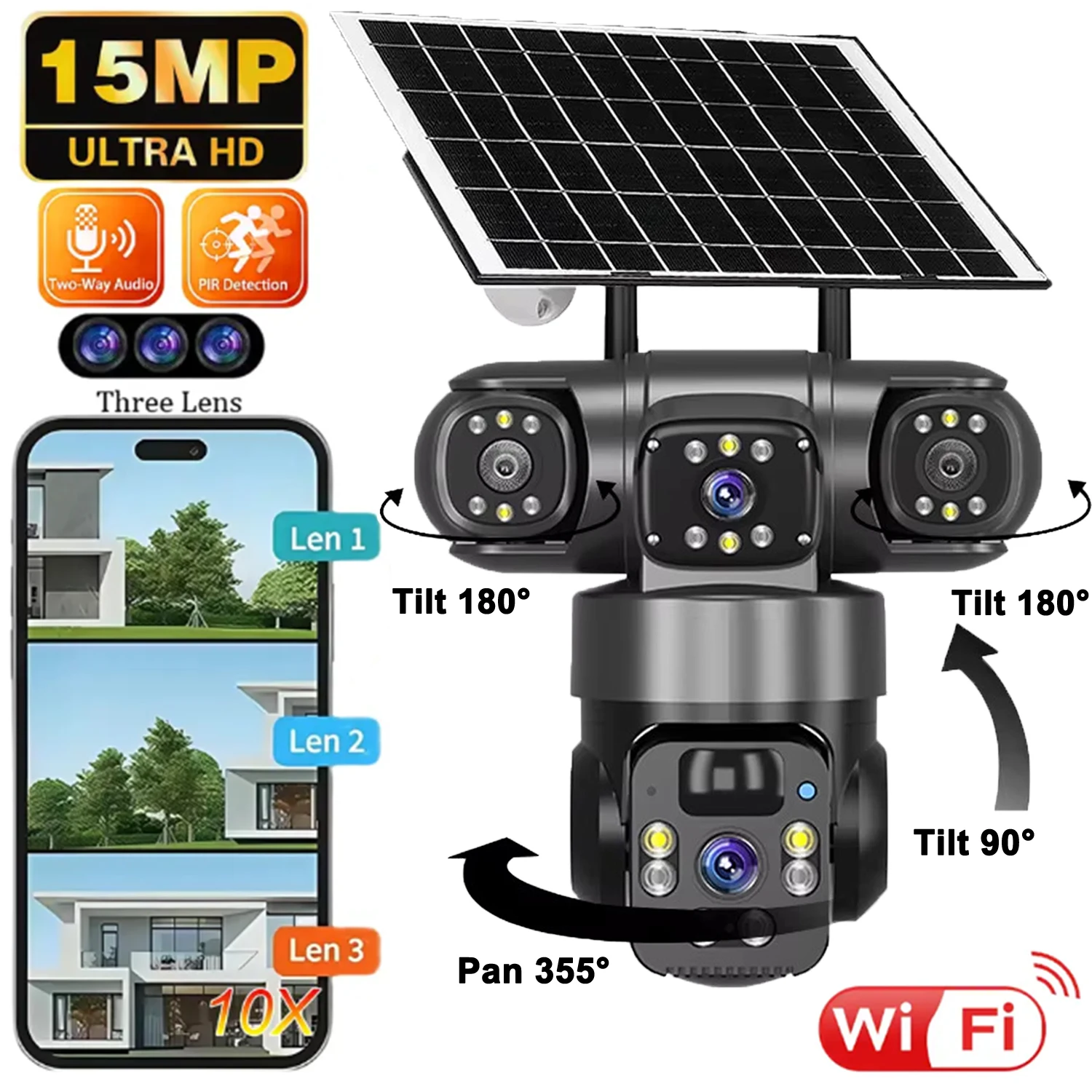 

15-мегапиксельная 8K HD Wi-Fi камера для улицы, 12-кратный зум, четыре объектива, три экрана, автоматическое отслеживание, защита безопасности, 4K PTZ, видеонаблюдение, видеонаблюдение