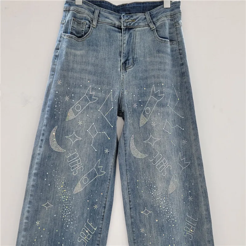 2025 خريف جديد الثقيلة حجر الراين مستقيم واسعة الساق تمتد الجينز الأزرق الإناث فضفاضة عادية الدينيم السراويل النساء قيعان الموضة