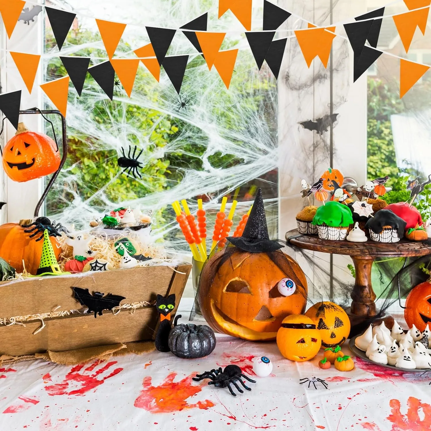 Leuchtend orangefarbene und schwarze Plastik-Dreiecks-Wimpelkette für Halloween, Geburtstagsfeiern, Outdoor-Festivals und Dekorationen. – Detail 6