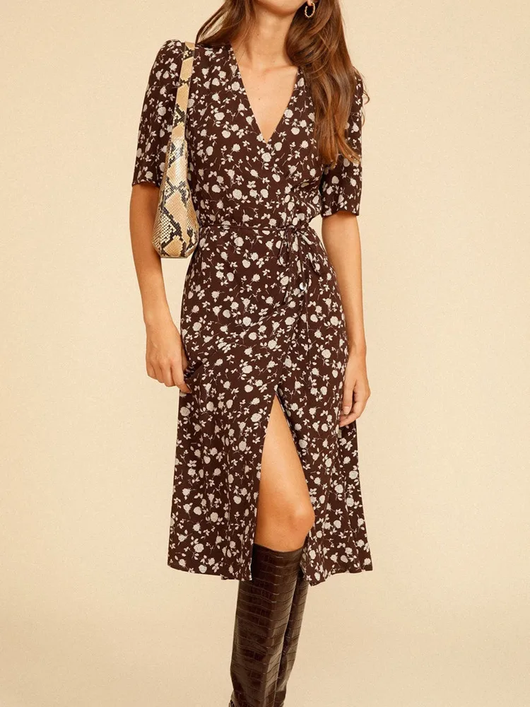 

Floral Print Women Dresses Elegant V-Neck Short Sleeve 100% Viscose Wrap One Piece Lace-Up Side Buttons Midi Robe for Lady