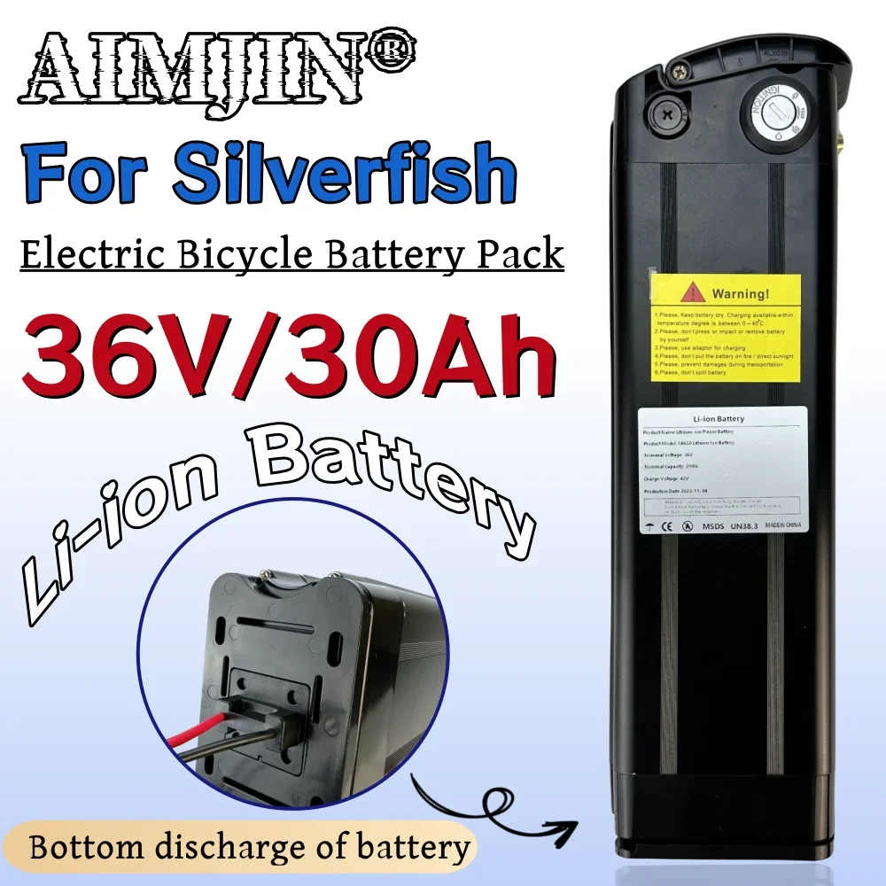 

18650 Li-ion Battery Pack 36V 30Ah For Silver Fish Electric bicycle battery 350W 500W 750W 1000W