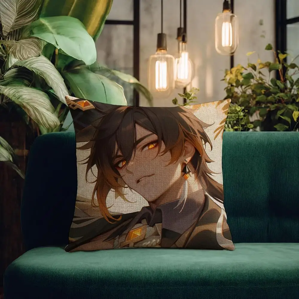 Game Genshin Impact Zhongli Cushion Cover Natural Linen Pillowcase Set Cushion Cover for Sofa Bedroom Chair