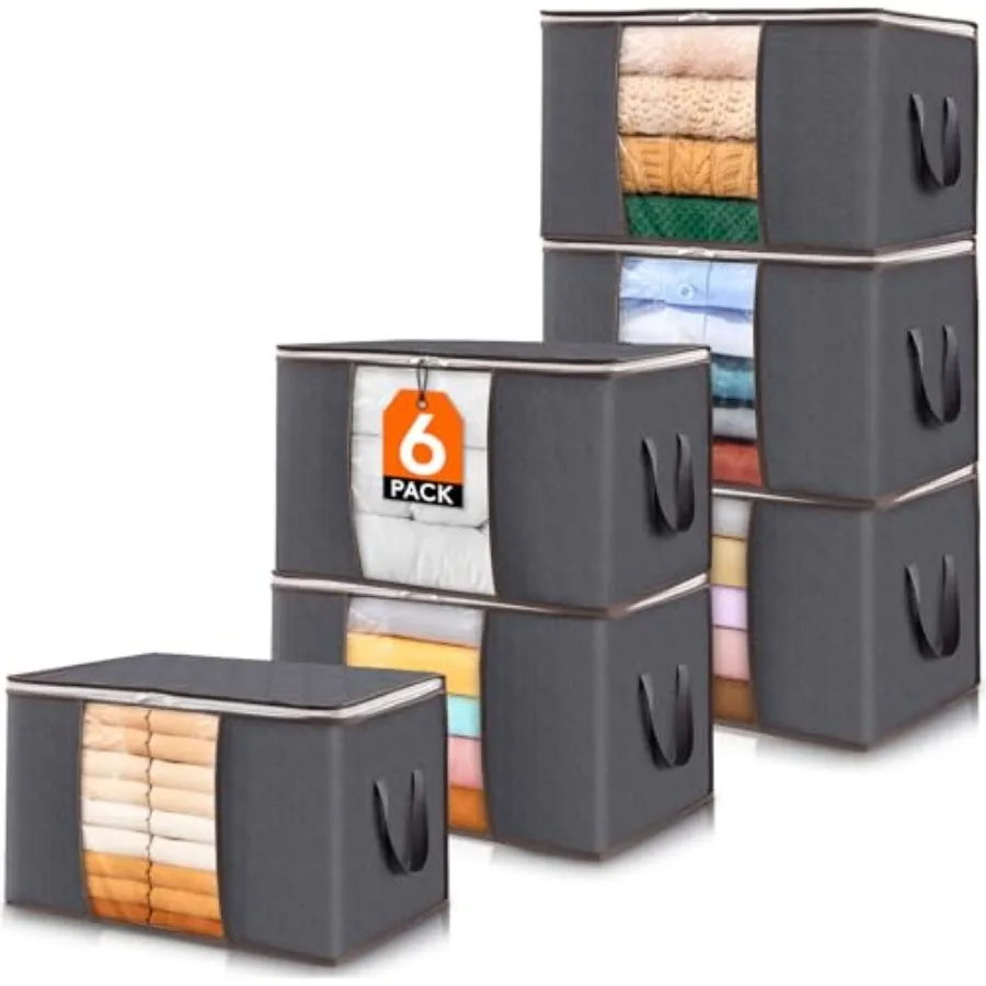 

6 Pack Clothes Storage Bins with Lids, Foldable Blanket Storage Bags with Zippers, Clear Window and Reinforced Handles, Closet