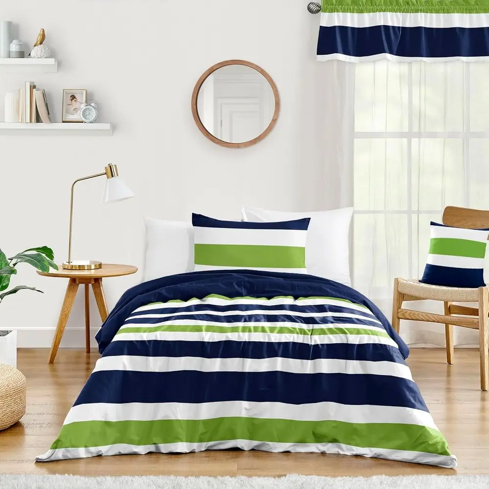 

2-Piece Striped Twin Comforter Set for Boys, Teens, and Kids, Bedding with Blanket & Pillow Sham in Navy, Lime Green, and White