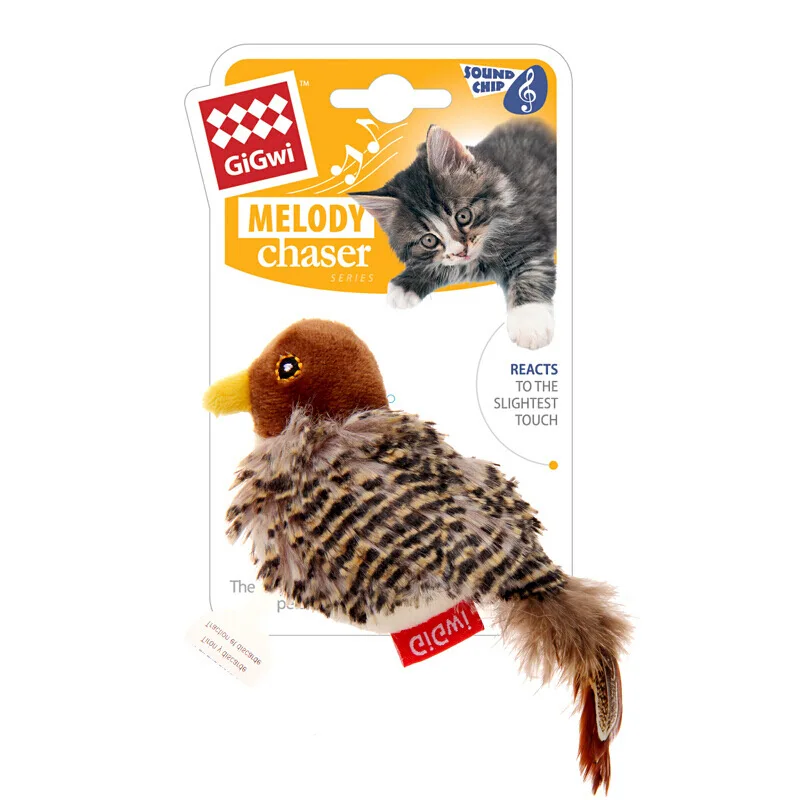 OUZEY Elektrische Piepende Simulatie Vogel Pluche Kat Speelgoed Interactieve Huisdieren Plagen Speelgoed Met Veer Kattenkruid Kitten Piep Speelgoed