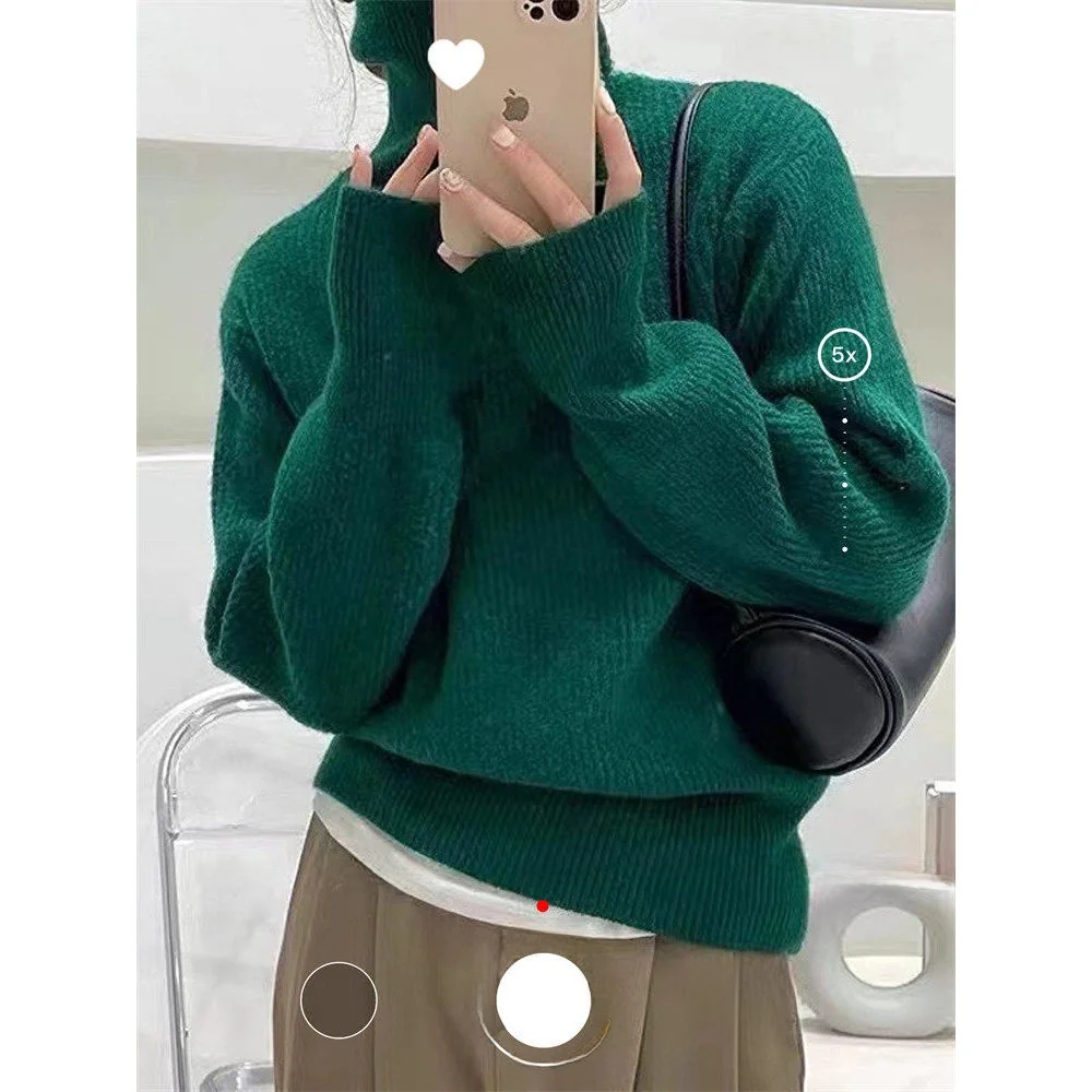 

Loose Fit Knitted Sweater with Bear Fur Thiened High Collar Long Sve Crew Ne Pure Color Knitwear for Women