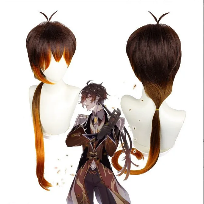 Anime Genshin Impact Zhongli Cosplay Long Christmas Brown Orange Wig Cosplay Wig Heat Resistant Synthetic Wigs Halloween Costume