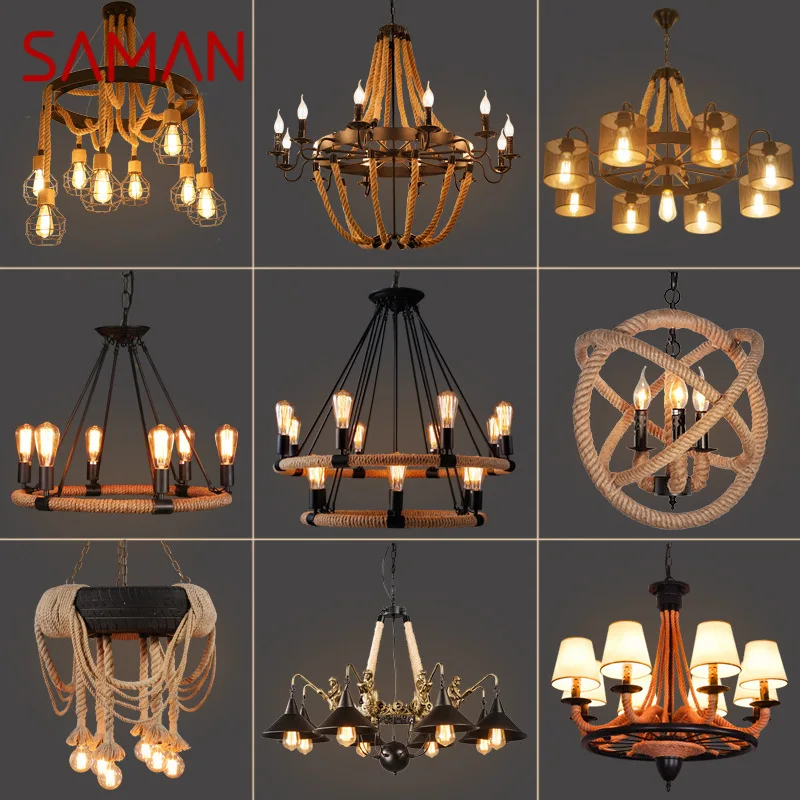 SAMAN American Style Retrohemp Rope Chandelier Nostalgic Loft Industrial Style Internet Cafe Restaurant Hot Pot Shop Pendant