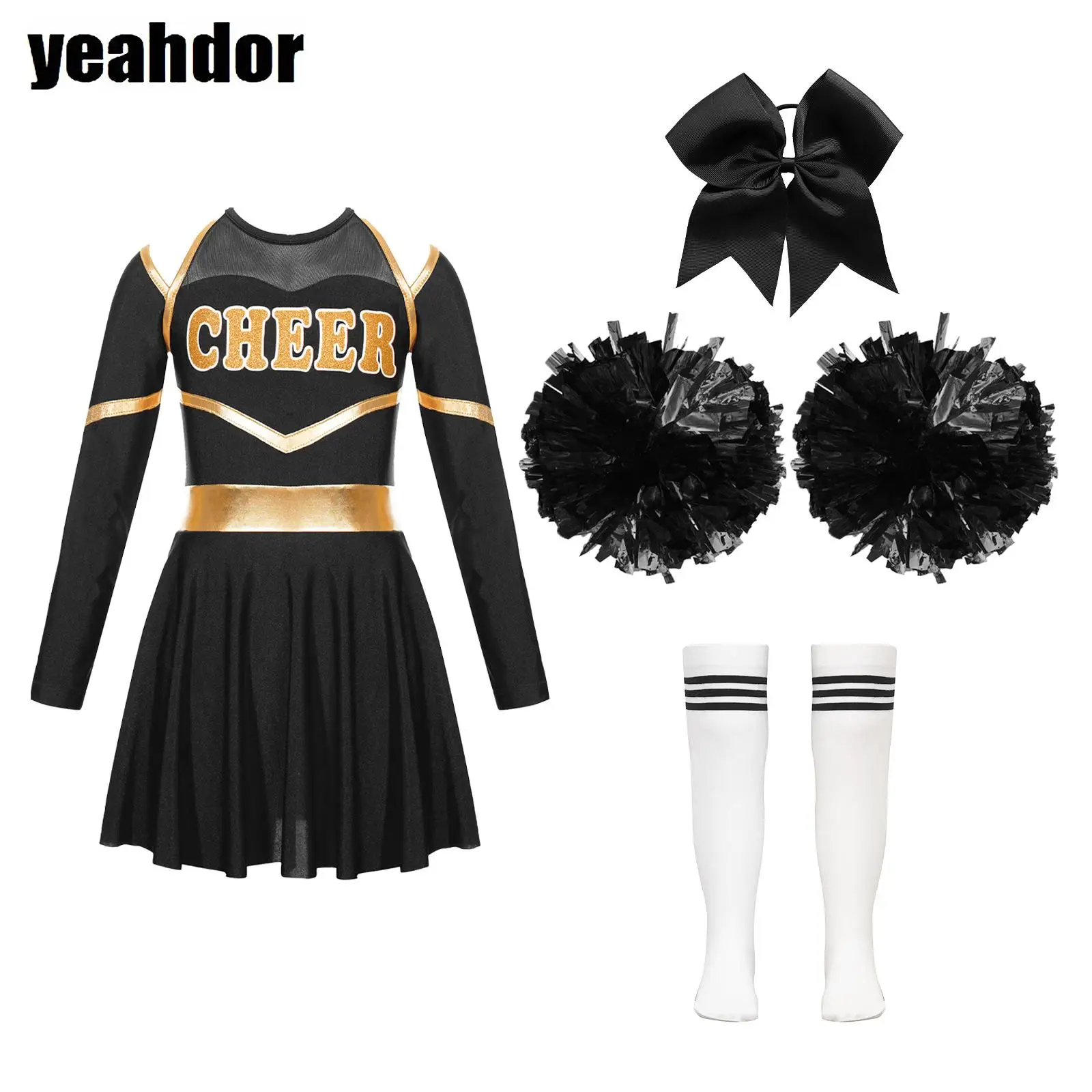 

Girls Cheerleading Costumes Uniform Long Sleeve Leotard Dress with Headwear Hand Flowers Striped Socks Performance Dance Outfits