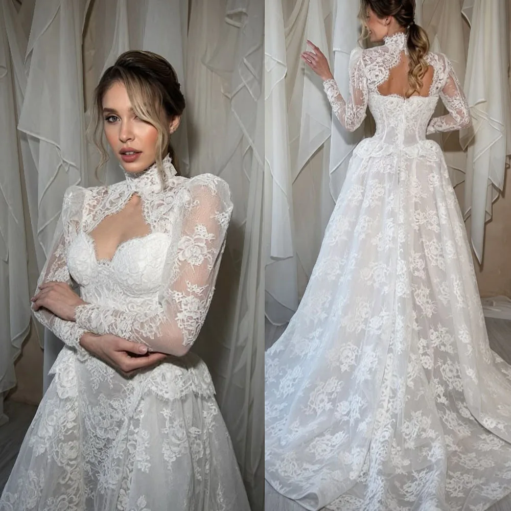 Luxury A-Line Wedding Dresses with Jacket Sexy Long Sleeves Appliques Lace Bridal Gowns Sweep Train Customized Wedding Dress