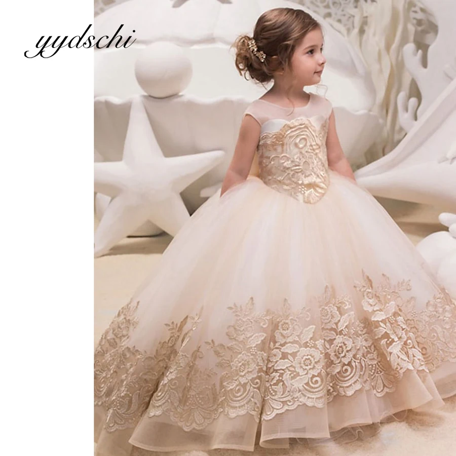 

Sweep Flower Girl Dress Sleeveless Birthday Embroidered Lace Ball Gown Brush Train Floor Length Princess Dresses First Communion