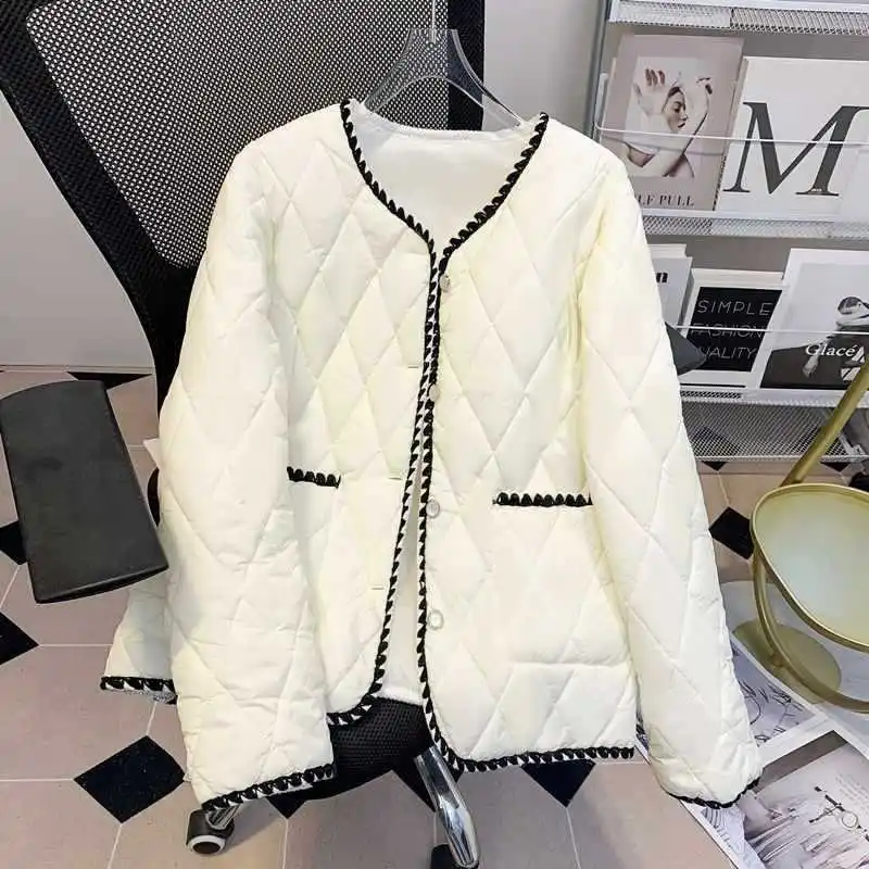 Women's Cotton Jacket 2024 New Winter Elegant Contrast Color Single Breasted Loose Coat Female All-match Warm Parkas Chic